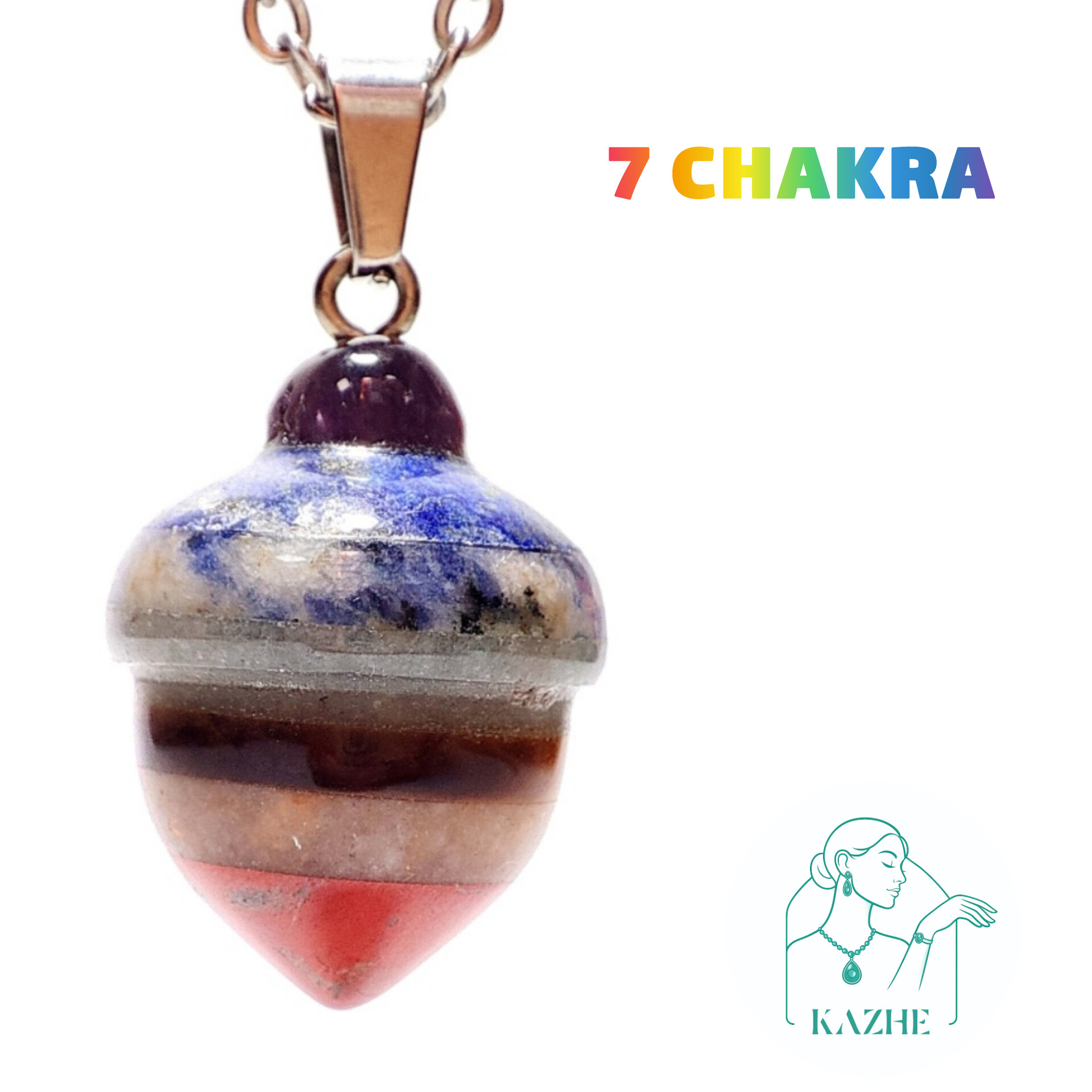 گردنبند سنگی هفت چاکرا تراش بلوط با سنگ های اصلی به همراه زنجیر استیل ضدحساسیت رایگان