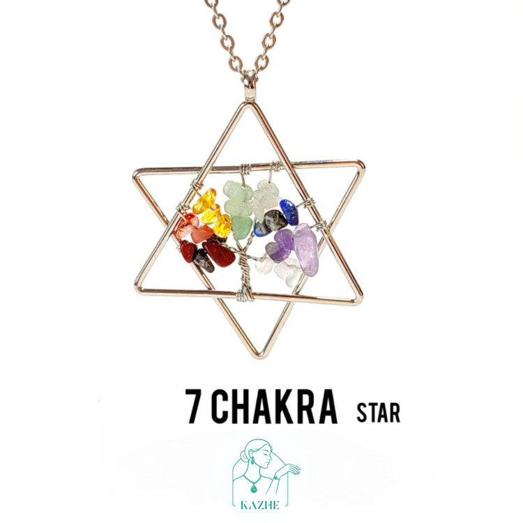 گردنبند سنگی هفت چاکرا درخت زندگی تراش ستاره بزرگ با قاب استیل و سنگ های نامنظم به همراه زنجیر استیل ضدحساسیت رایگان