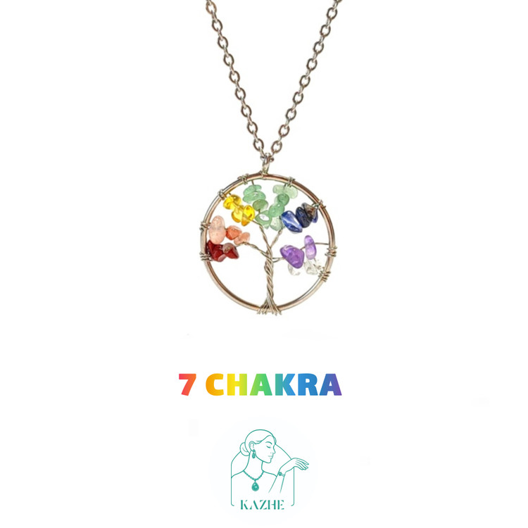 گردنبند سنگی هفت چاکرا با قاب استیل دایرهای و سنگ های نامنظم به همراه زنجیر استیل ضدحساسیت رایگان