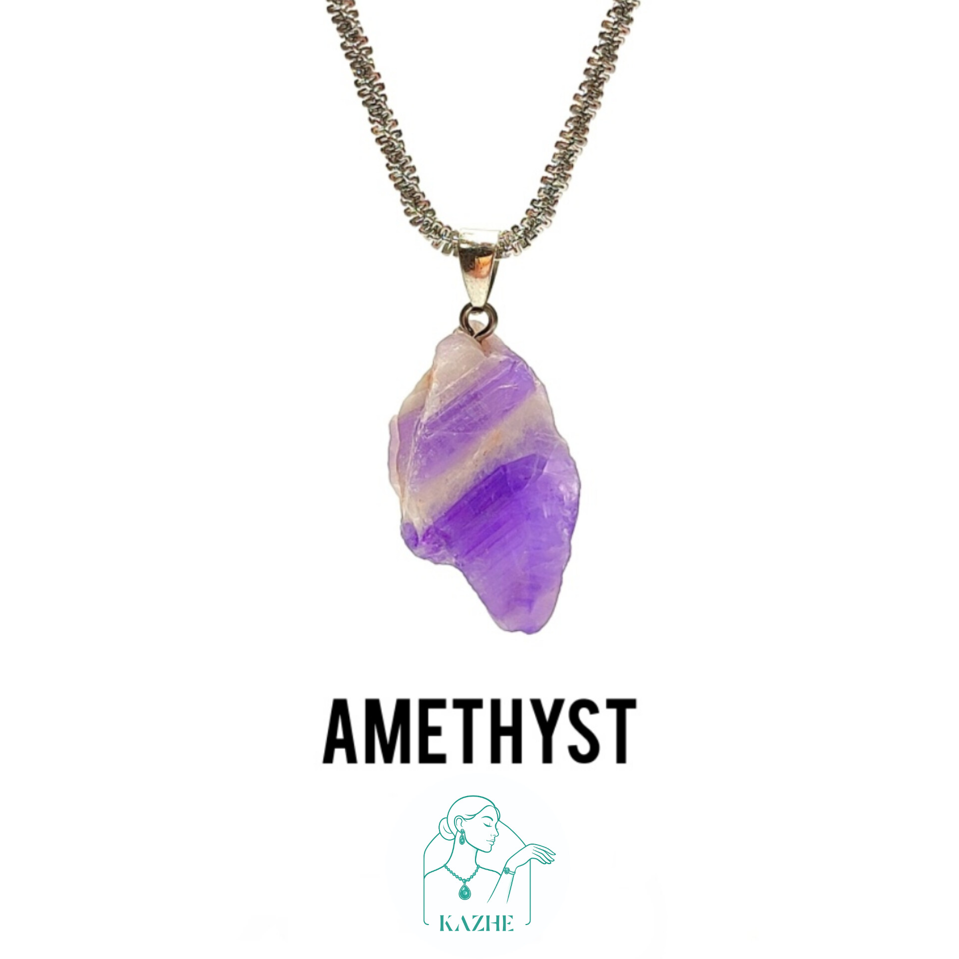 گردنبند سنگی آمیتیست اصل و معدنی برزیل تراش راف با زنجیر استیل ضدحساسیت رایگان