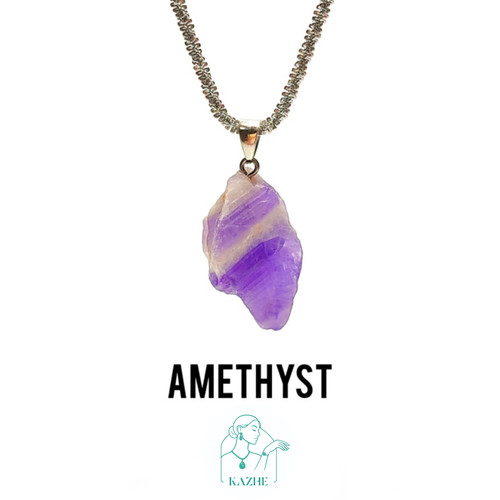 گردنبند سنگی آمیتیست اصل و معدنی برزیل تراش راف با زنجیر استیل ضدحساسیت رایگان