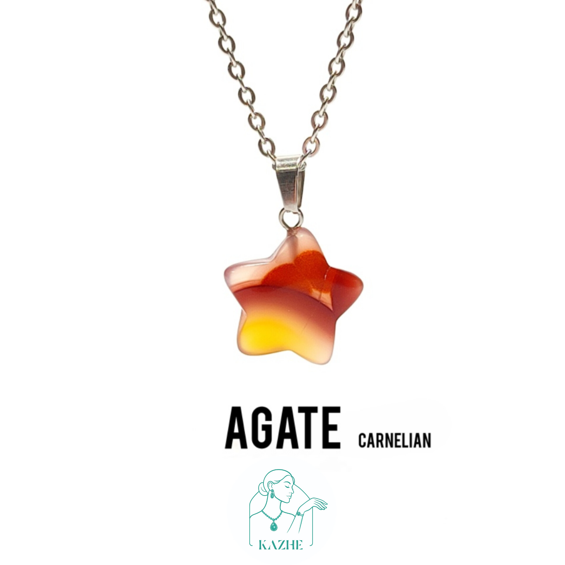گردنبند سنگی مینیمال عقیق کارنلین اصل و معدنی تراش ستاره کوچک با زنجیر استیل ضدحساسیت رایگان