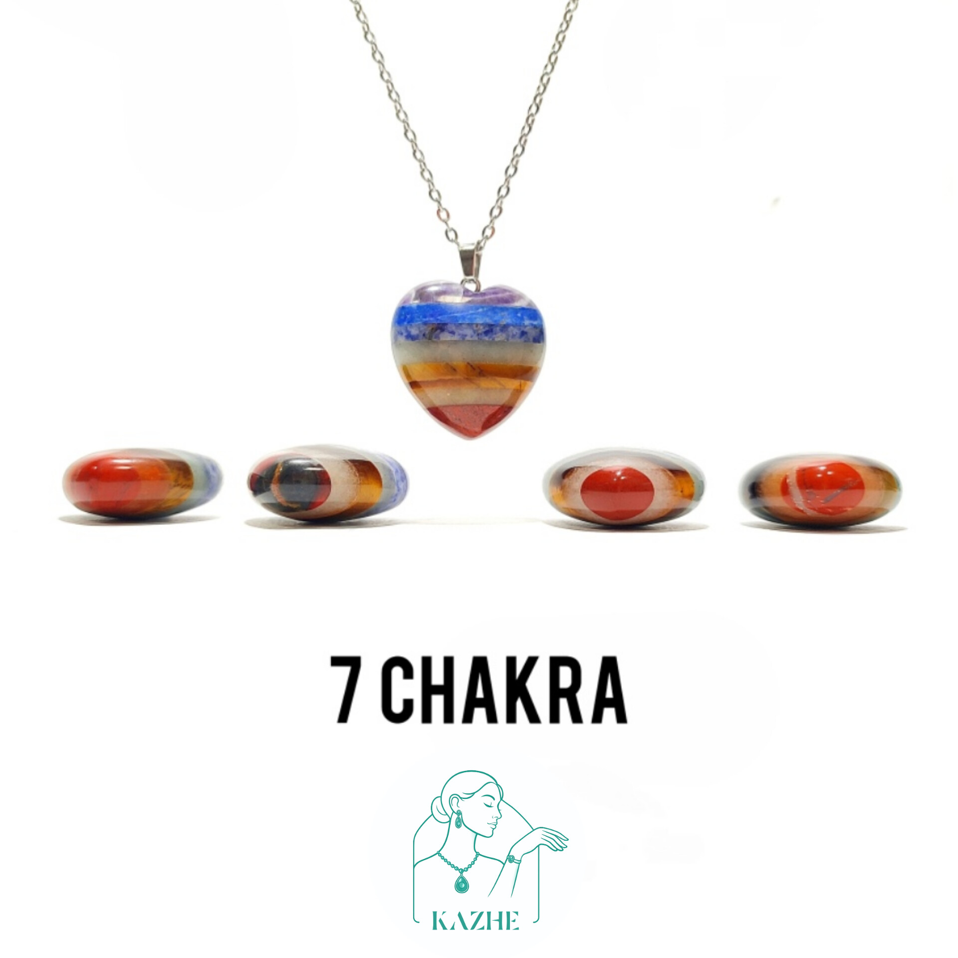 گردنبند سنگی هفت چاکرا اصل و معدنی تراش قلب بزرگ با زنجیر استیل ضدحساسیت رایگان