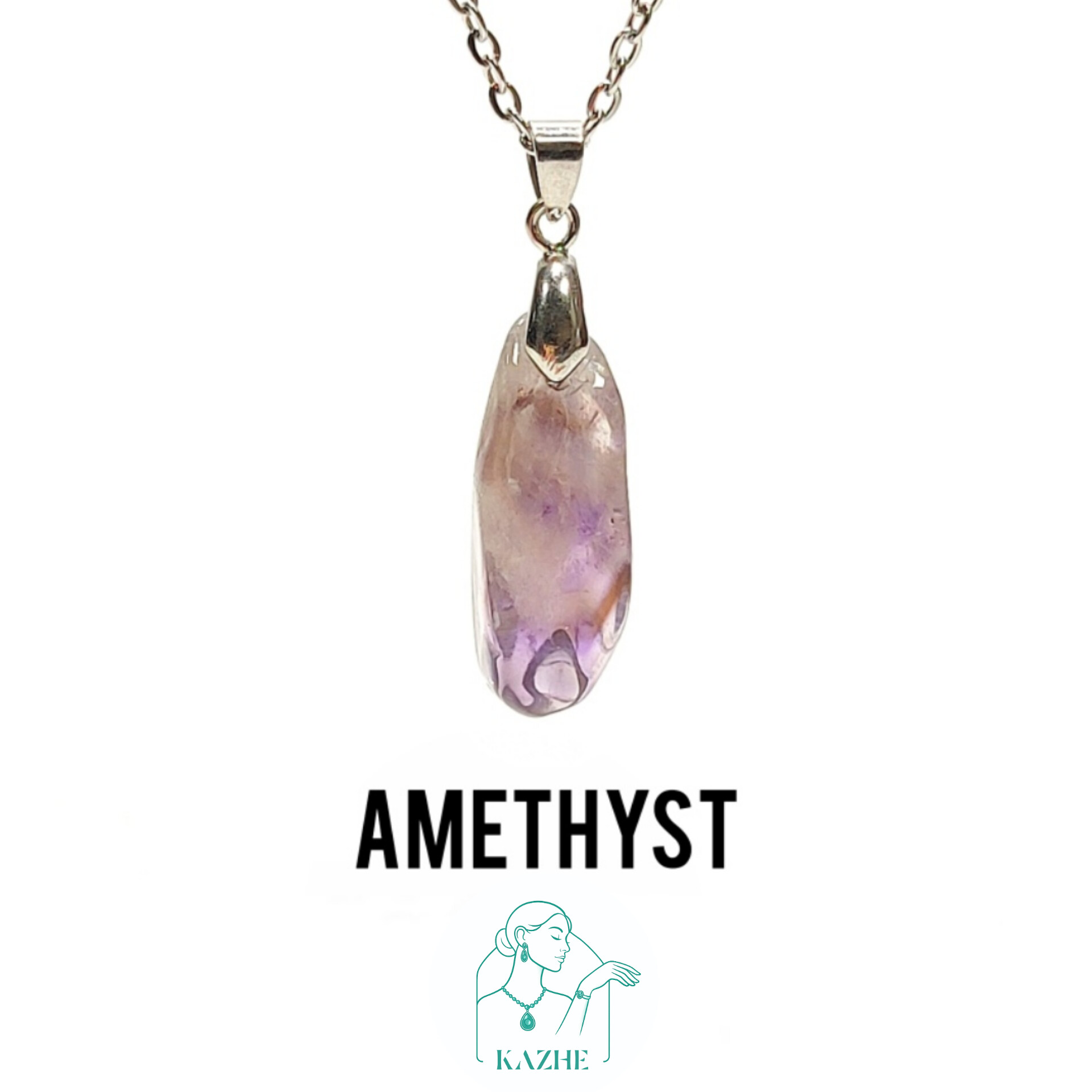 گردنبند سنگی آمیتیست اصل و معدنی تراش راف براق با زنجیر استیل ضدحساسیت رایگان
