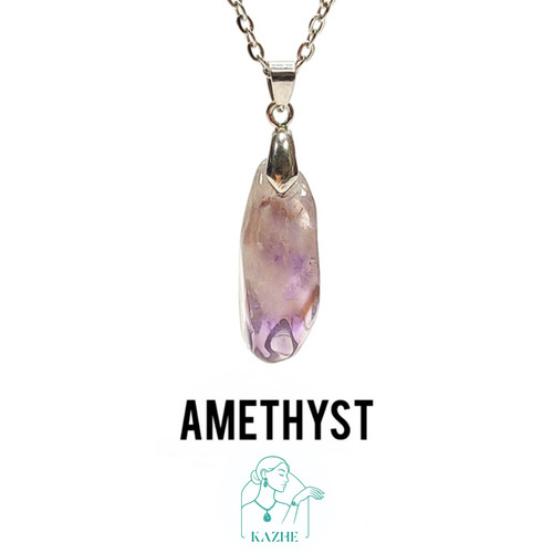 گردنبند سنگی آمیتیست اصل و معدنی تراش راف براق با زنجیر استیل ضدحساسیت رایگان