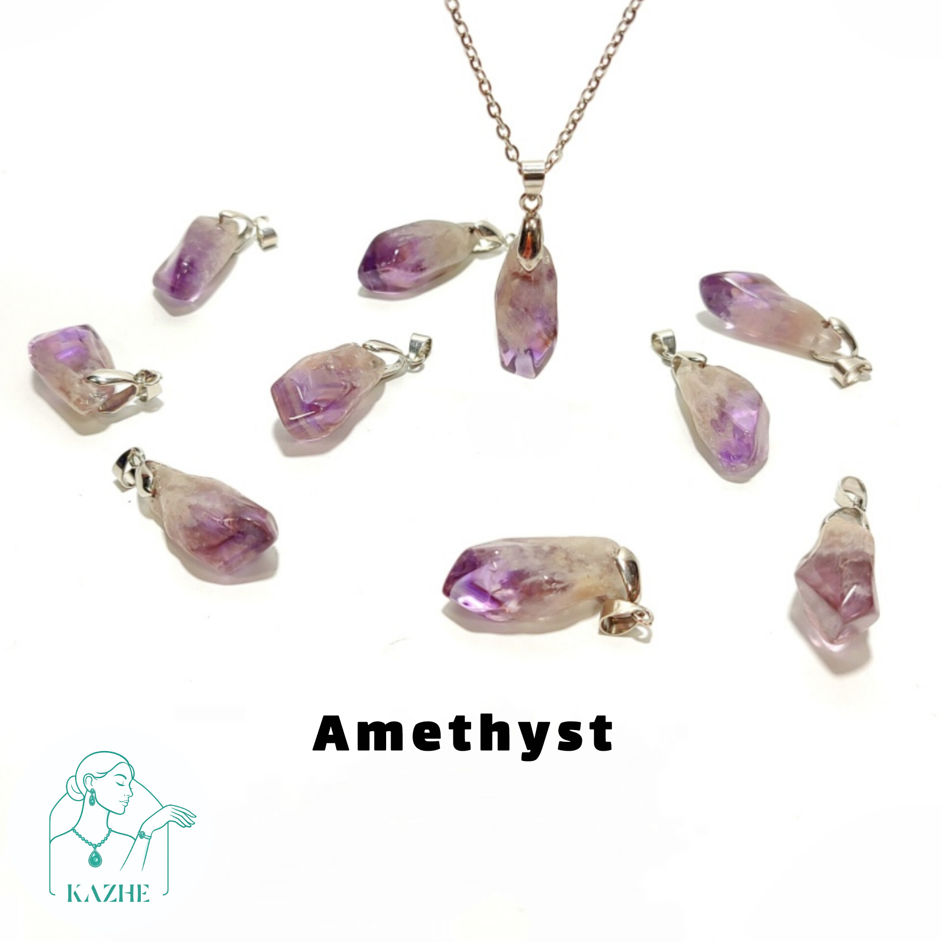 گردنبند سنگی آمیتیست اصل و معدنی تراش راف براق با زنجیر استیل ضدحساسیت رایگان