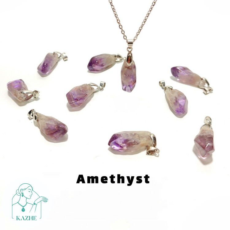 گردنبند سنگی آمیتیست اصل و معدنی تراش راف براق با زنجیر استیل ضدحساسیت رایگان