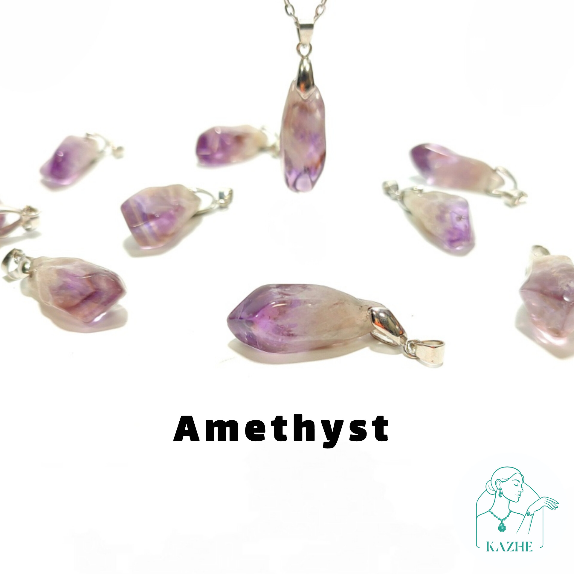 گردنبند سنگی آمیتیست اصل و معدنی تراش راف براق با زنجیر استیل ضدحساسیت رایگان