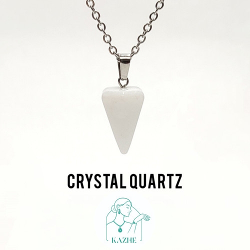 گردنبند سنگی کریستال کوارتز اصل تراش شاقول پاندول با زنجیر استیل رایگان ضدحساسیت زنانه و مردانه