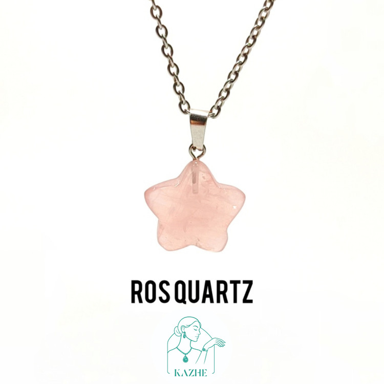 گردنبند مینیمال سنگی رزکوارتز اصل و معدنی تراش ستاره با زنجیر استیل ضدحساسیت رایگان