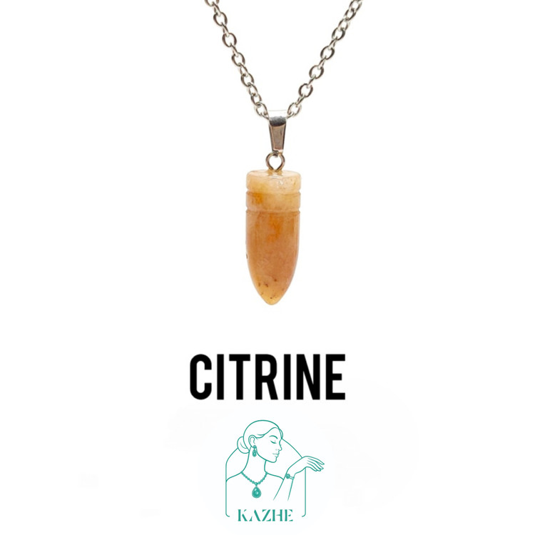 گردنبند سنگی سیترین اصل و معدنی تراش فشنگی با زنجیر استیل رایگان ضدحساسیت زنانه و مردانه