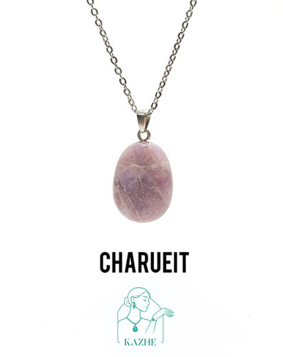 گردنبند سنگی چاروییت اصل و معدنی تراش بیضی گوشتی با زنجیر استیل رایگان ضدحساسیت زنانه و مردانه