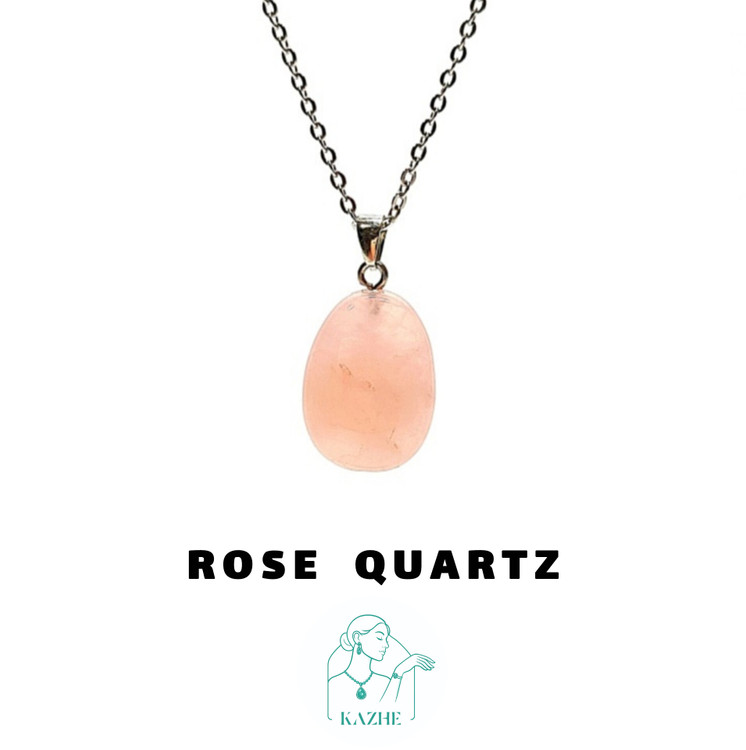 گردنبند سنگی رزکوارتز اصل و معدنی تراش بیضی بزرگ با زنجیر استیل رایگان ضدحساسیت زنانه و مردانه
