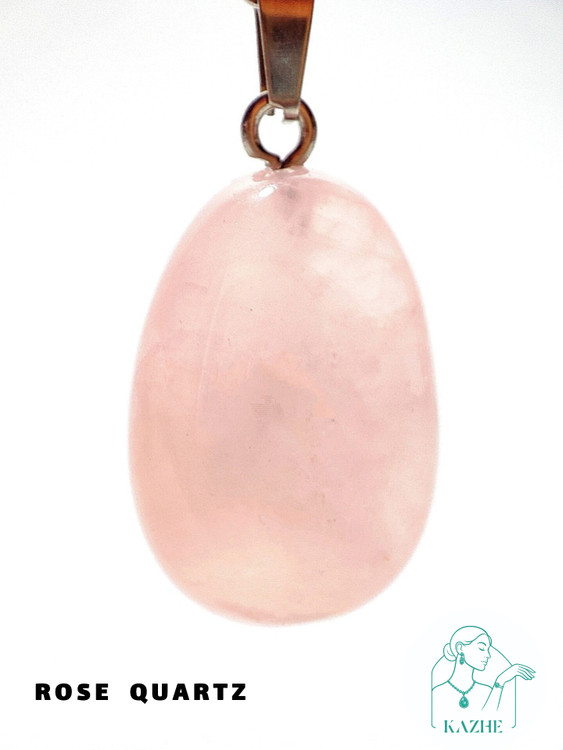 گردنبند سنگی رزکوارتز اصل و معدنی تراش بیضی بزرگ با زنجیر استیل رایگان ضدحساسیت زنانه و مردانه
