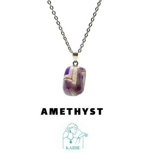گردنبند سنگی امیتیست اصل و معدنی تراش تامبل با زنجیر استیل رایگان ضدحساسیت زنانه و مردانه