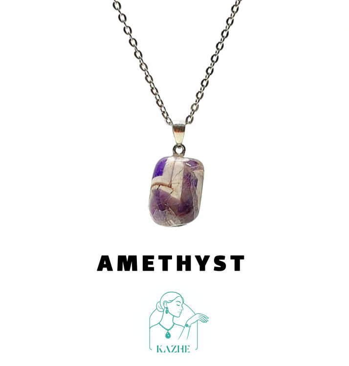 گردنبند سنگی امیتیست اصل و معدنی تراش تامبل با زنجیر استیل رایگان ضدحساسیت زنانه و مردانه